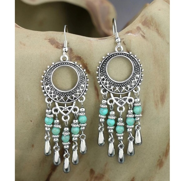 LM Boutique Jewelry - Round Drop Tassel Turquoise Filigree Boho Earrings